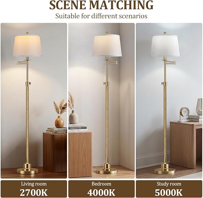 Vintage Floor Lamp for living room, Brushed Antique Brass Farmhouse Standing Lamp with 350° Swivel Swing Arm, 56.6''-66'' Mid Century Modern Height Adjustable Tall Lamp for Bedroom (LED Bulb Included)