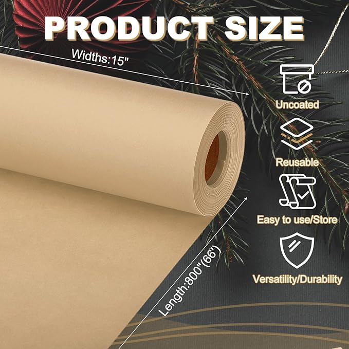 PATIKIL Wrapping Paper, 15"x800"(66') Bulletin Board Paper Roll Kraft Paper Roll Construction 80GSM for Shipping Packing Gift Wrapping Craft Flower Bouquet Christmas, Brown