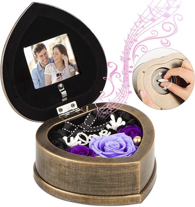 Handmade Preserved Flower Real Purple Rose in Musical Box with Photo Frame, Mother's Day Long Lasting Real Flower Gifts for Her Women Wife on Valentine's Day Birthday or Anniversary -Purple
