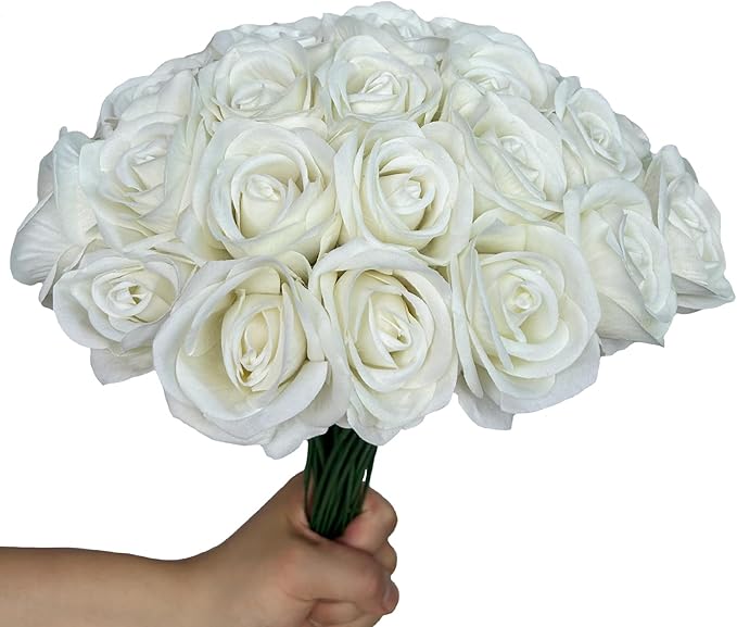 FagusHome 30 Pcs Silk Rose Artificial Flowers Roses Bulk Bouquet Fake Flowers Rose Heads with Stems for Home Wedding Decor (White)