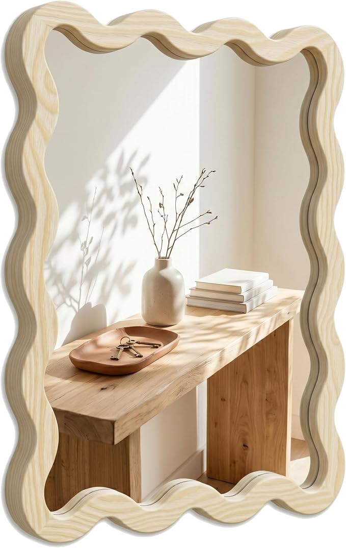 24"x36" Wood Bathroom Mirror & Wavy Wall Mirror, Large Solid Wood Asymmetrical Mirror for Vanity, Natural Wooden Frame Squiggle Mirror, Japandi Boho Aesthetic Decor