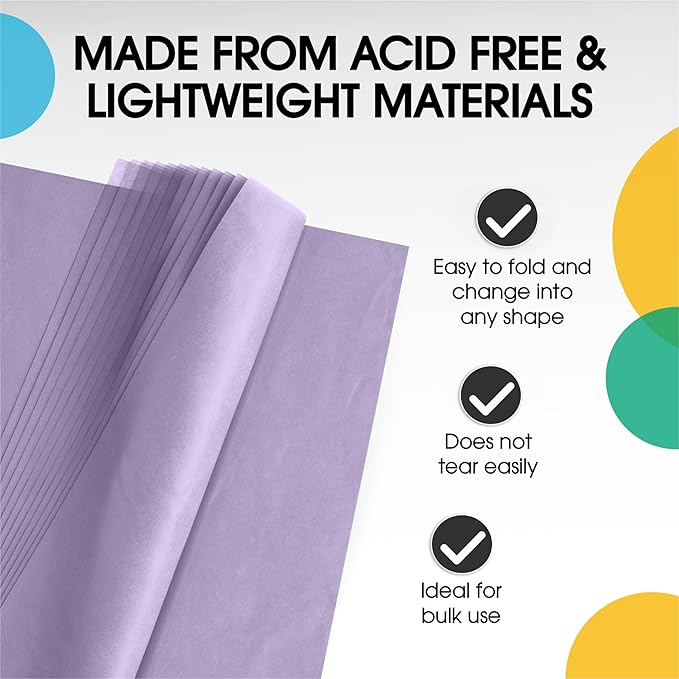 Party Solids Lavender Tissue Paper for Gift Bags - 15" X 20" Bulk Tissue Paper Lavender 480 Sheets - 10lb Newsprint for Packing, Birthday Gift Box Filler, Packing Supplies for Moving Supplies