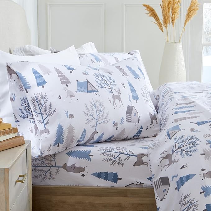 Market & Place 100% Turkish Cotton Flannel Sheet Set | 3 Piece Deep Pocket Novelty Cozy Winter Bed Sheets | Double Brushed for Extra Softness & Comfort | Alpine Collection (Twin, Winter Wildlife)