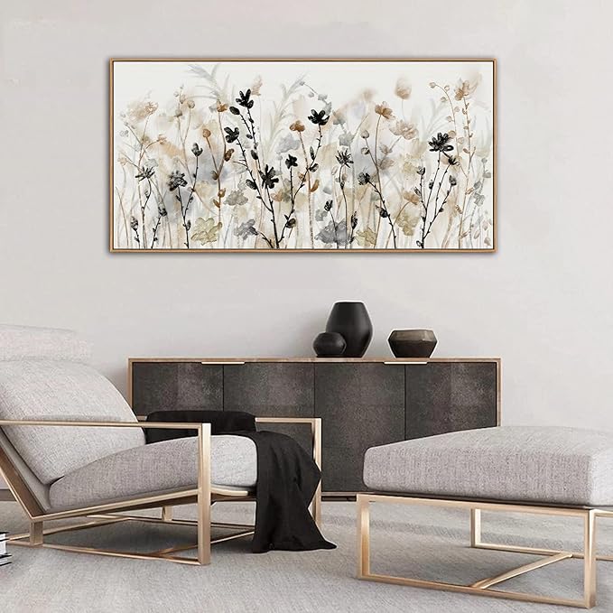 Framed Floral Wall Art Abstract Grey Cream White Grass Flowers Canvas Pictures Modern Landscape Painting Botanical Artwork for Living Room Bedroom Kitchen Office Wall Decor Ready to Hang 29"x58"