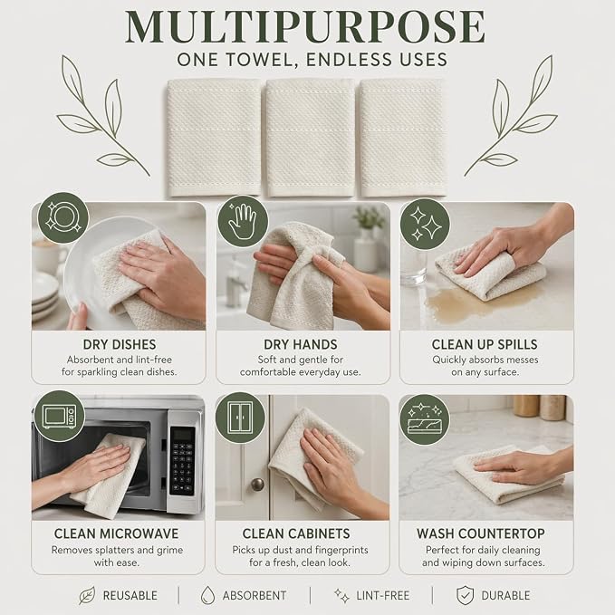 Off White Ivory Cream Kitchen Hand Dish Towels: Oversized 28" x 18",100% Cotton Cloth Soft Cleaning Drying Absorbent Textured Design, Set of 3 Multipurpose for Everyday Use (Creme Textured)