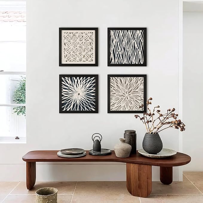 FOLKOR Framed Wall Art for Modern Home Office Apartment, 12" 3D Geometric Black and White Artwork, Natural Paper Abstract Starburst Shadow Box Wall Accent for Living Room Bedroom Classroom