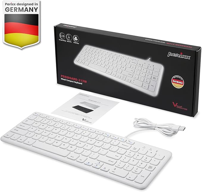 Perixx PERIBOARD-213W Wired Quiet USB Scissor Keyboard - 14.45x4.76x0.70 Inches - Compact Design with Number Pad - White - US English (PERIBOARD-213US)