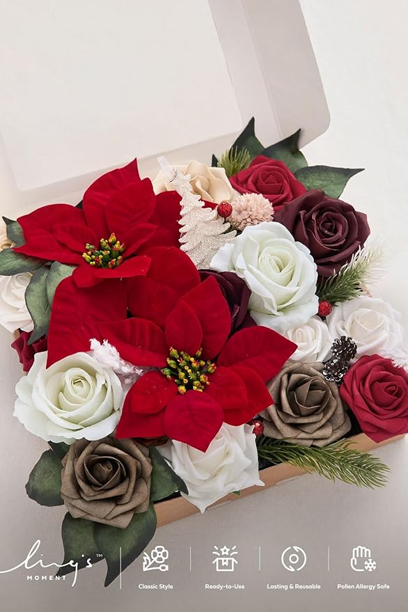 Ling's Moment Fake Flowers Box, Faux Artificial Greenery Stems Foam Roses Silk Leaves Fabic Flower for Centerpiece Bouquet Wedding Table Floral Vase Bridal Shower Party, Classic Christmas, Grand Combo