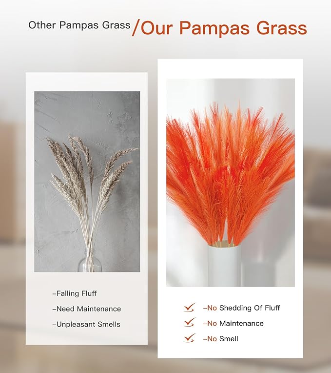 9 Pcs 45" Tall Pampas Grass Orange Decor, Long Stem Artificial Flower Floor Vase Large Faux Floral Pompas Fake Plants Dried Bouquet Arrangement Vase Filler for Boho Home Wedding Decoration