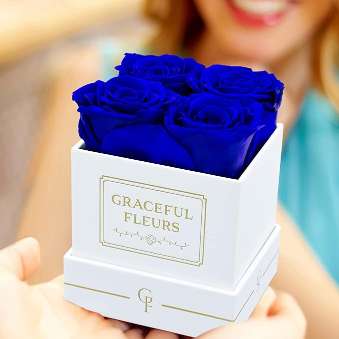 Graceful Fleurs | Real Long Lasting Roses for Years | Preserved Fresh Flowers for Delivery Birthday | Birthday Gifts for Women | Forever Roses in a Box (Blue, White Box, 4 Roses)
