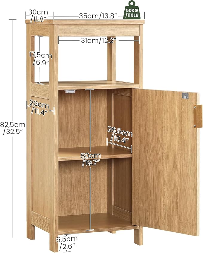 CHOEZON Bathroom Cabinet, Freestanding Bathroom Storage Cabinet with Door and Shelves, Small Floor Storage Cabinet, Narrow Bathroom Table, Fluted Door, Gold Handle, for Bathroom, Living Room, Natural
