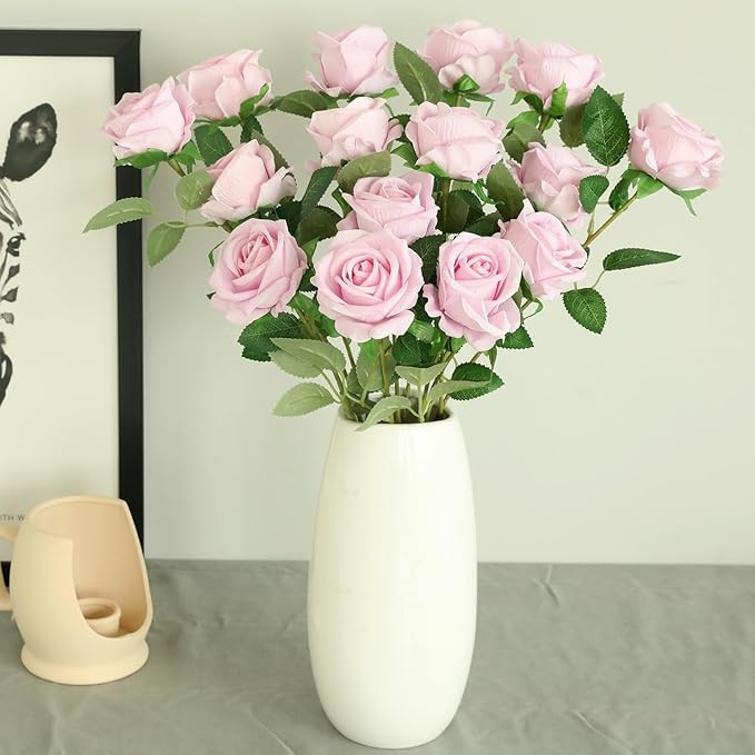 15Pcs Pearl Pink Roses Artificial Flowers Fake Roses Long Stem Velet Rose Silk Flowers for Home Wedding Decoration (Pearl Roses,Pink)