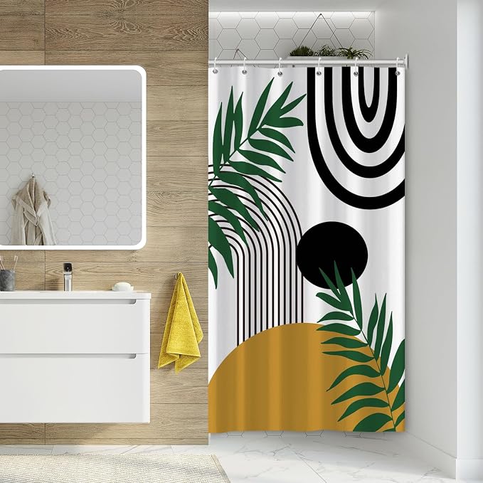Boho Mid Century Shower Curtain Bohemian Abstract Modern Sun Bathroom Curtain Geometric Arch Curve Leaves Polyester Shower Curtain Sets for Bathroom Extra Long 36x72 in with 6 Hooks