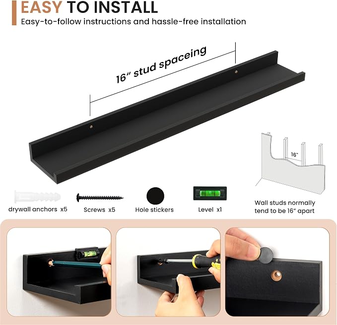 Dreamland Picture Ledge Shelf for Wall, Floating Shelves Set of 2, 32 Inch Long Floating Shelves with Lip for Living Room, Bedroom, Bathroom, Kitchen, Black