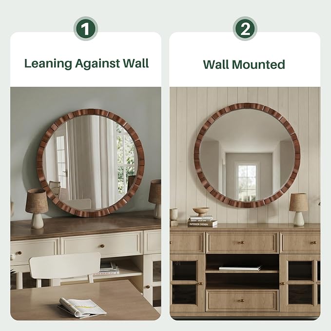 Round Wood Wall Mirror - 31.5" Farmhouse Rustic Wall Decorative Mirrors, Wooden Circle Boho Accent Mirror for Living Room, Bedroom, Bathroom, Entryway, Hallway, Fireplace (Walnut)