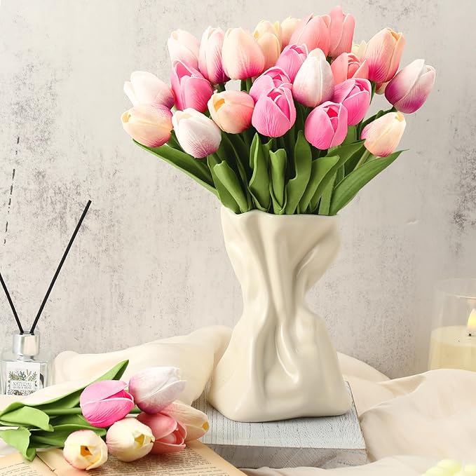 Janinka 60pcs Artificial Tulip Flowers Fake PU Tulips Faux Latex Bouquet Flower Centerpieces Arrangement Floral for Mother Day Wedding Spring Decorations (Pink)