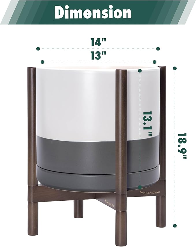 D'vine Dev Ceramic Planter with Walnut Color Stand - 14 Inch Modern Round Flower Pot with Wood Planter Holder, White/Grey, 55-B-T-6