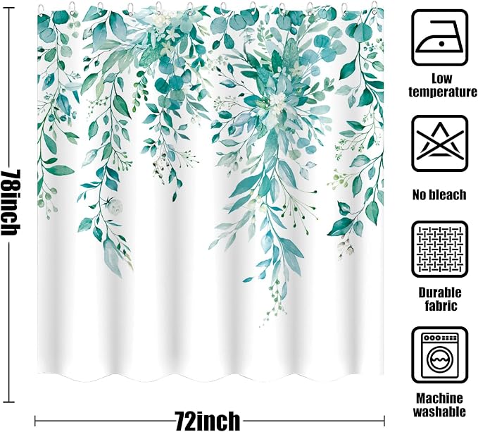 Long Teal Eucalyptus Shower Curtain Watercolor Floral Plant Leaf Shower Curtains for Bathroom Botanical Flower Waterproof Fabric Bath Curtain Decor with Hooks (Teal, 72'' x 78'')