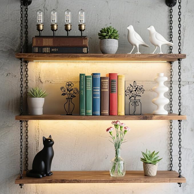Metal Flower Book Ends Flower Vase Bookends Decorative Book Ends for Shelves Bookshelf Home Office Desk Bookshelf Decor Gift for Reading Enthusiasts