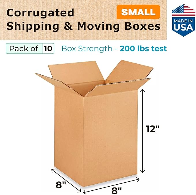 Small Moving & Shipping Boxes 8x8x12 inches (10-Pack) - Extra Strength 200 lb vs Regular - Corrugated Packing Boxes for USPS/FEDEX - Packing Box Small - Box Cardboard by IDL Packaging