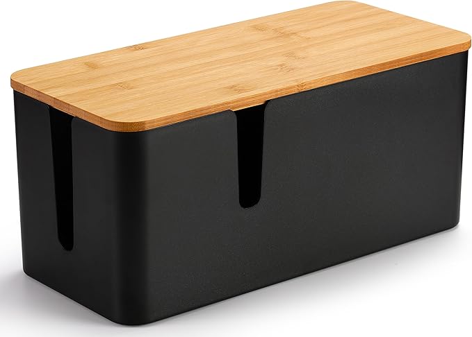 ZhiYo Bamboo Lid Cord Organizer Box, 2Pack Large Cable Management Box, Safe ABS Wire Organizer for TV and Computer, Wood Cover Cord Hider to Hide Wires, USB Hub & Under Desk Power Strip, Black