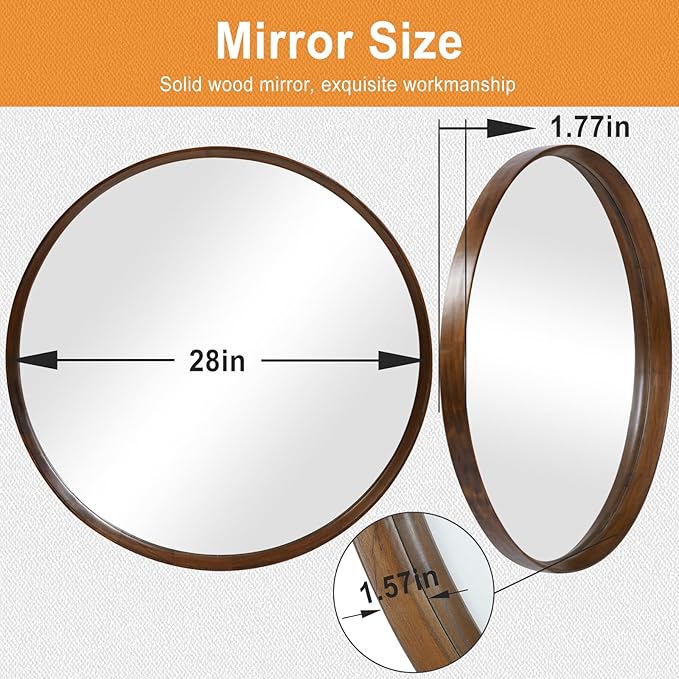 Round Wood Frame Mirror 28 Inch, Brown Wall Circle Mirror for Bathroom, Nursery, and Wall Decor
