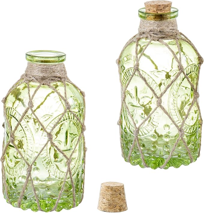 MyGift Set of 2 Vintage Embossed Green Glass Reed Diffuser Bottles with Cork Lids – Decorative Small Flower Bud Vases for Home Fragrance & Tabletop Decor