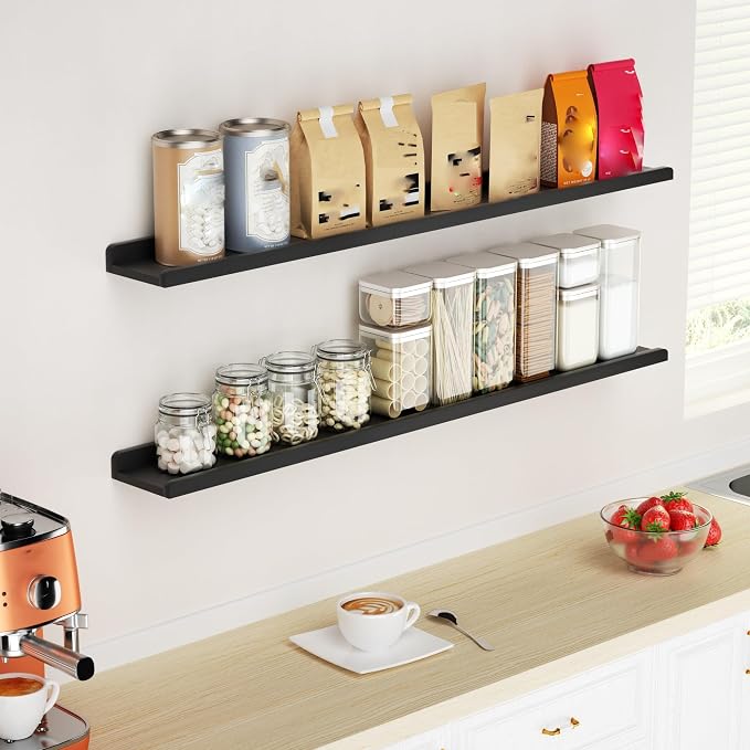 Love-KANKEI 48 Inch Long Floating Shelves Wall Mounted Set of 2, Large Wood Wall Shelves for Storage, Rustic Hanging Shelves for Display,Bedroom Living Room Bathroom Kitchen Office Black