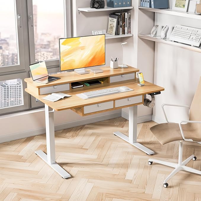 Kingant Standing Desk with Fast Charging USB Ports, 48" x 30" Height Adjustable Home Office & Gaming Desk, Sit Stand Desk with Built-in Storage Shelf, Hook & Ergonomic Design(Maple)