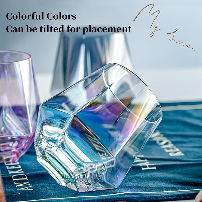 Stemless Wine Glasses Set of 4, 10 Oz Iridescent Glassware Modern Rainbow Wine Glass Colored Tumblers for Red Wine, Cocktail, Whiskey, Bourbon, Gift for Wine Lovers