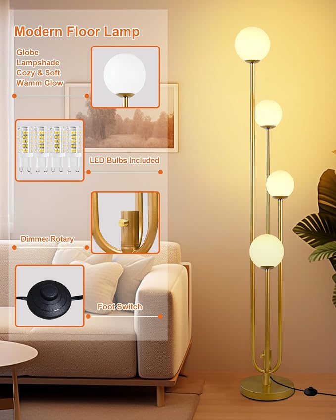 63IN 4-Light Dimmable Floor Lamp, Unique Gold Tall Standing Lamps with 3000K Bulbs for Reading, Mid Century Modern Floor Lamp with 5Lbs Heavy Base for Living Room Bedroom Home Office