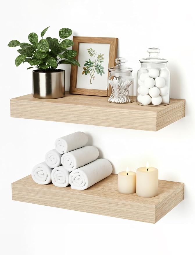 Floating Shelves for Wall, Bathroom Shelves Over Toilet, Wall Shelves & Book Shelf for Room, Hanging Shelf, Modern Wooden Wall-Mounted Small Floating Shelves, 12x7x1.5 in (Oak, Set of 2)