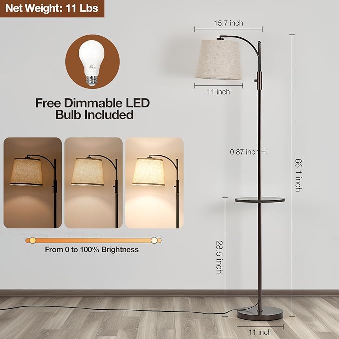 AIDENOEY Fully Dimmable Floor Lamp for Living Room，Standing Lamp Rotary Switch with Table&Linen Beige Shade，Brown Tall Lamps for Bedroom with Adjust Head，9W LED Bulb Included