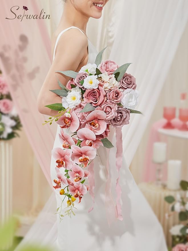 Serwalin 11Inch Wedding Bouquet Dusty Rose Cream Bridal Bouquets for Bride Bride Bouquets for Wedding Ceremony and Anniversary Day Decor