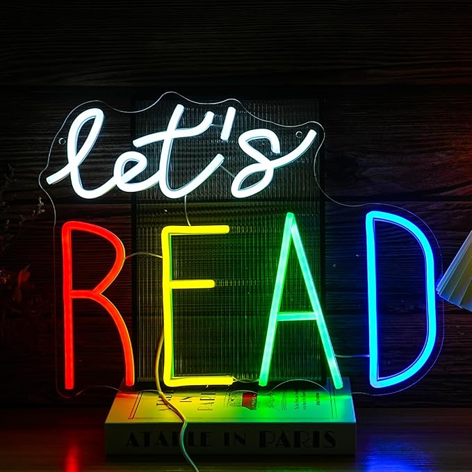 Let’s Read Neon Sign Multicolored Reading Led Neon Light Sign for Wall Decor Read Book Led Light Up Sign for Classroom Bookstore Reading Corner Home Wall Neon Decor (Dimmable USB)