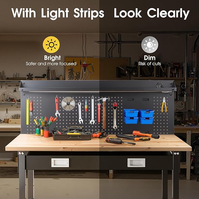 60" Adjustable Work Bench with Drawers, Workbench for Garage with Strip Light, Work Table with Large Pegboard, 2000 LBS Heavy Duty Table with Power Outlet Rubber Wood for Office, Workshop