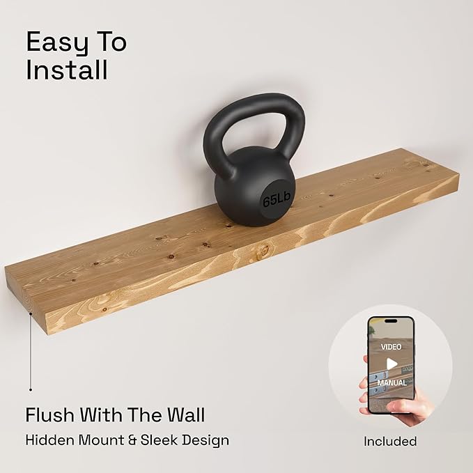 BAOBAB WORKSHOP Natural Wood Floating Shelves for Wall 36 Inches Long, Heavy Duty Wall Shelf for Bedroom, Solid Wooden Bathroom Shelf Large Kitchen Farmhouse, Oak Floating Shelf, 36W × 6.7D, Set of 2