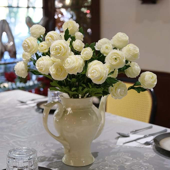 12Pcs Artificial Ranunculus Flowers – 36 Head 16.5" Silk Ranunculus Flowers Bouquets for Home Decor, Wedding Bridal Shower Centerpieces, and DIY Floral Arrangements (White)