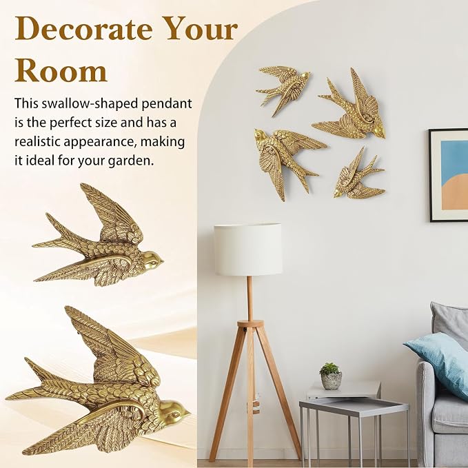 MAQUITA 4 Pcs Vintage Bird Wall Sculpture Decor Art, Antique Gold 3D Swallow Resin Wall Decor, Small Bird Walls Decors for Living Room, Bedroom, Gallery, and Garden (2 Large & 2 Small)