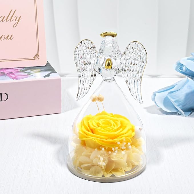 Yamonic Mom Birthday Gifts for Mom,Angel Figurines with Real Rose Gifts for Her Mom Grandma,Preserved Flowers Rose Angel Figurines for Mothers Day Christmas Anniversary Birthday Gifts for Wife(Yellow)