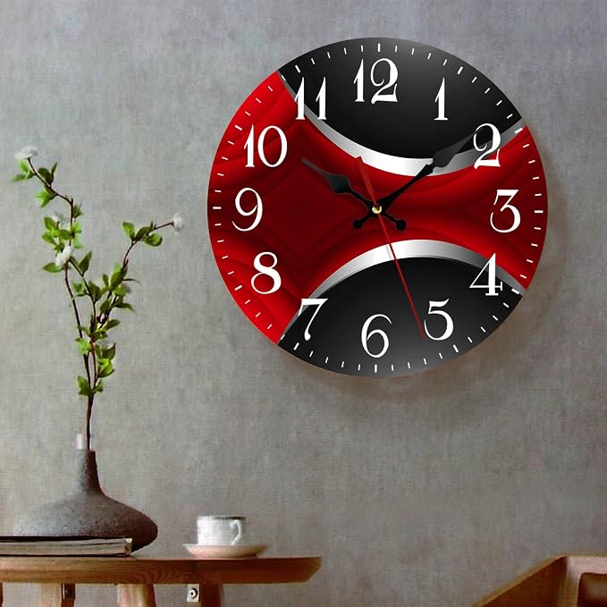 ArtSocket Wooden Wall Clock Silent Non-Ticking, Red Black Grey Irregular Geometric Grid Stripe Abstract Vintage Round Wall Clocks Decor for Home Kitchen Living Room Office, Battery Operated(12 Inch)
