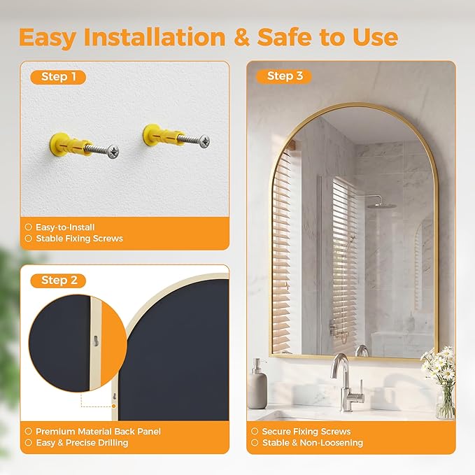 Arched Gold Bathroom Mirrors for Wall, 24x36-Inch Wall Mirror for Over Sink, Vanity Mirror with Matte Metal Frame and HD Shatter-Proof Glass for Entryway, Living Room, Bedroom