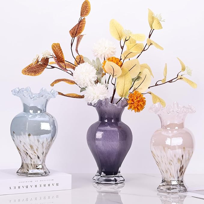 9.5" Tall Purple Glass Vase Beautiful Hand Blown Glass Decor Flowers Vases for Centerpieces, Modern Murano Glass Art Purple Vase, for Home Decor Table Entryway Wedding Decoration