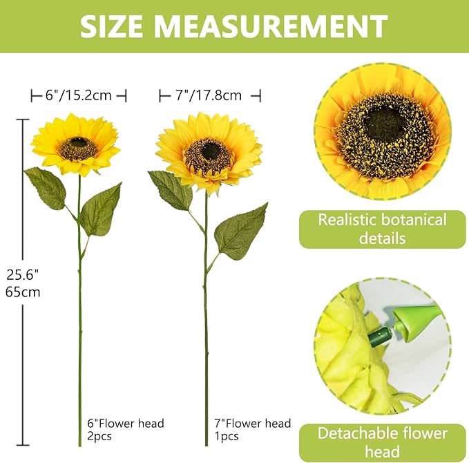 Large Sunflowers Artificial Flowers 6+7" Full Bloom Long Stem Artificial Sunflower 26" Tall Sun Flowers Giant Silk Sunflowers with Stem Fake Sunflower Floral Arrangement for Home Wedding Decoration