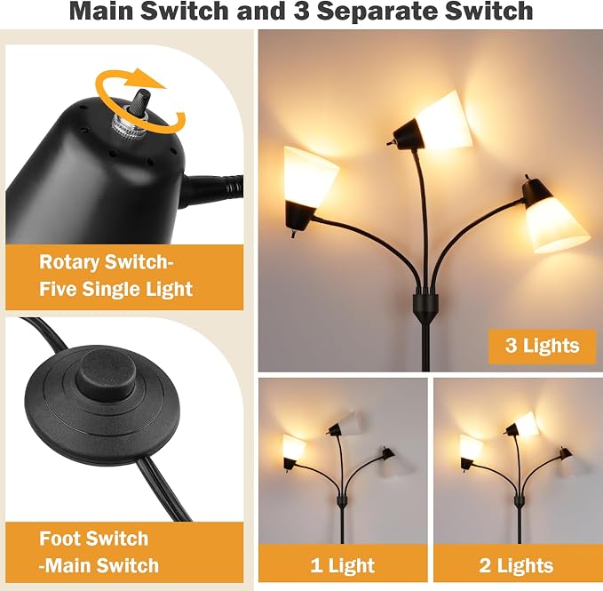 FOLKSMATE 3-Light Floor Lamp, LED Medusa Muiti-Head Adjustable Arc Standing Lamp, Tree Tall Light for Living Room, Kid Room, Bedroom, Black