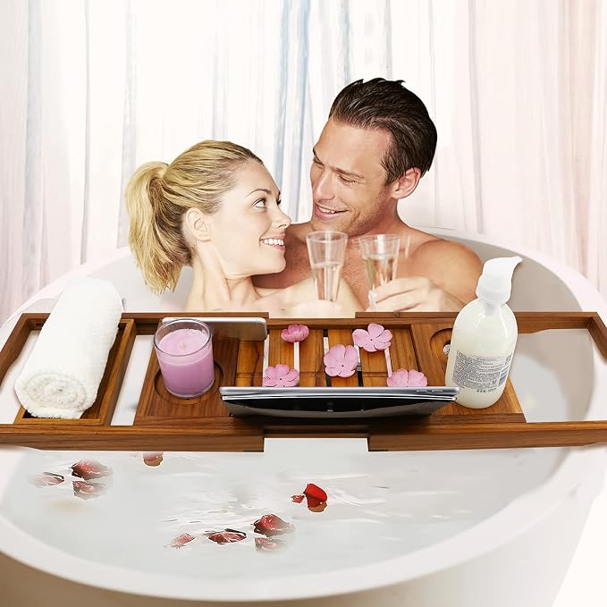Utoplike Teak Bathtub Caddy Tray Bath Tray for Tub, Bamboo Shower Bench with Storage