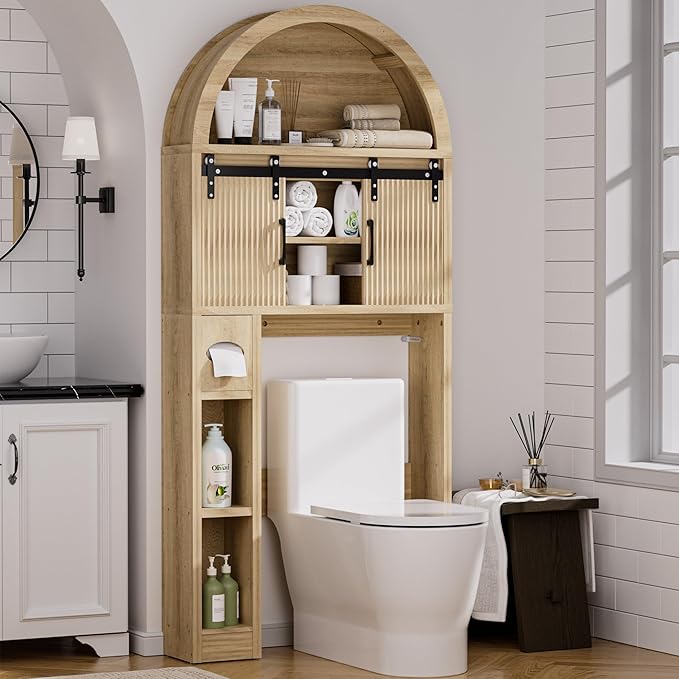 Spurgehom Over The Toilet Storage Cabinet, Bathroom Shelf Organizer Freestanding, Bathroom Arch Cabinet Over Toilet with Toilet Paper Holder and Anti-Tipping Device (Two Sliding Door-Wood)