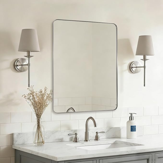 ANDY STAR Brushed Nickel Mirrors for Bathroom Sink, 24x32 Inch Bathroom Vanity Mirror with Rectangular Metal Frame-Modern Clean Design with Superior Stainless Steel Frame