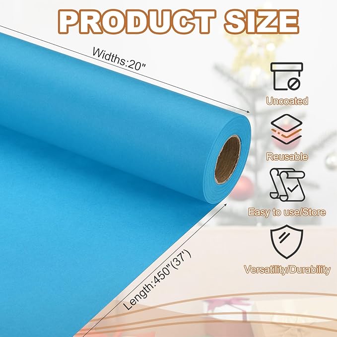 PATIKIL Wrapping Paper, 20" x 450"(37') 70 GSM Craft Paper Roll Kraft Packing Paper for Poster Bulletin Board, Gift Wrapping, Light Blue