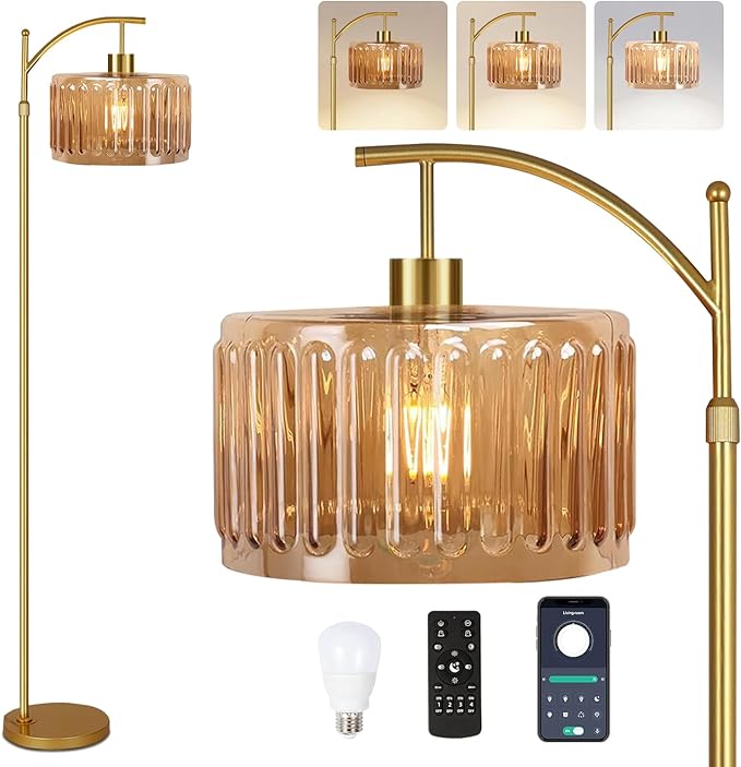 QIYIZM Glass Floor Lamp for Living Room,Bedroom,Gold Dimmable Standing Lamp with Remote,Mid Century Modern Brass Tall Lamp Boho Vintage Retro Floor Lamps Arc Amber Flower Floor Light Lamp Bohemian